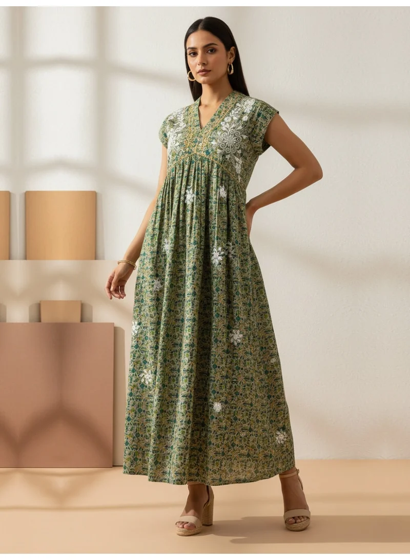 Alaya Women Printed Embroidered Cotton Jalabiya with Cap Sleeves-AL3697C